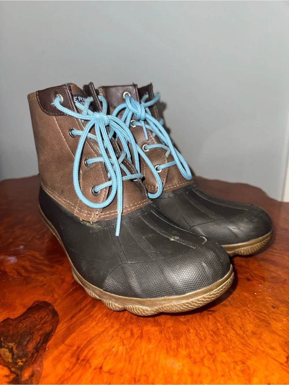 Sperry Brown and Black Duck Boots with Light Blue Laces